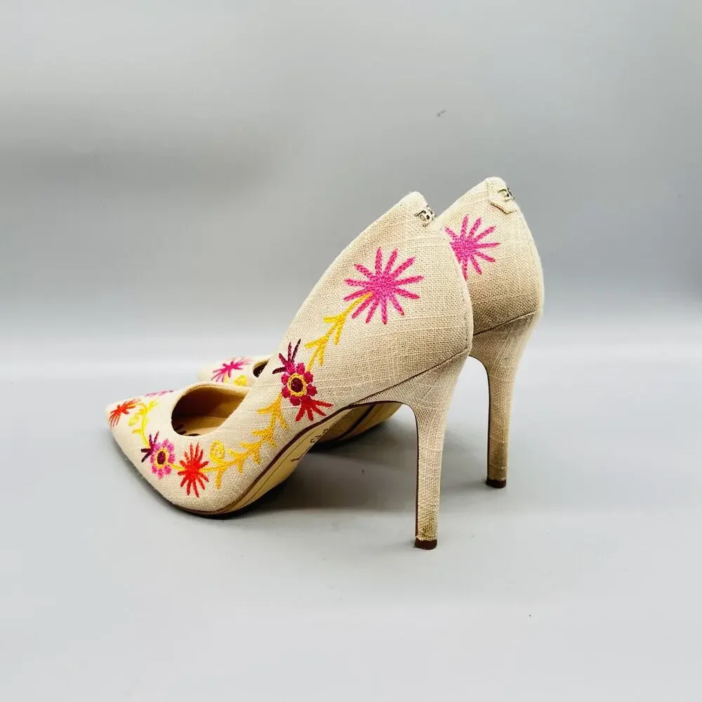 Sam Edelman Shoes Womens 8.5 Beige Hazel Linen Floral Embroidered Stiletto Pumps